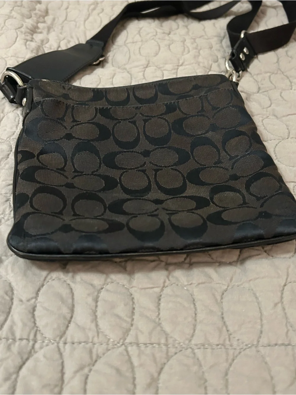 Coach Signature Black Jacquard File Crossbody Bag Leather Trim